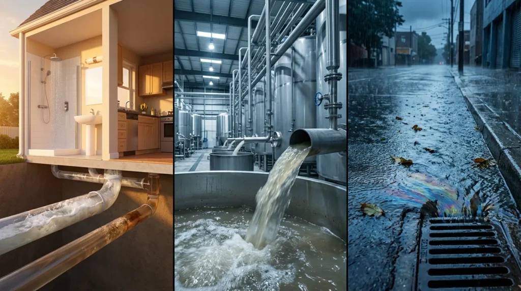 What are the three main types of wastewater?